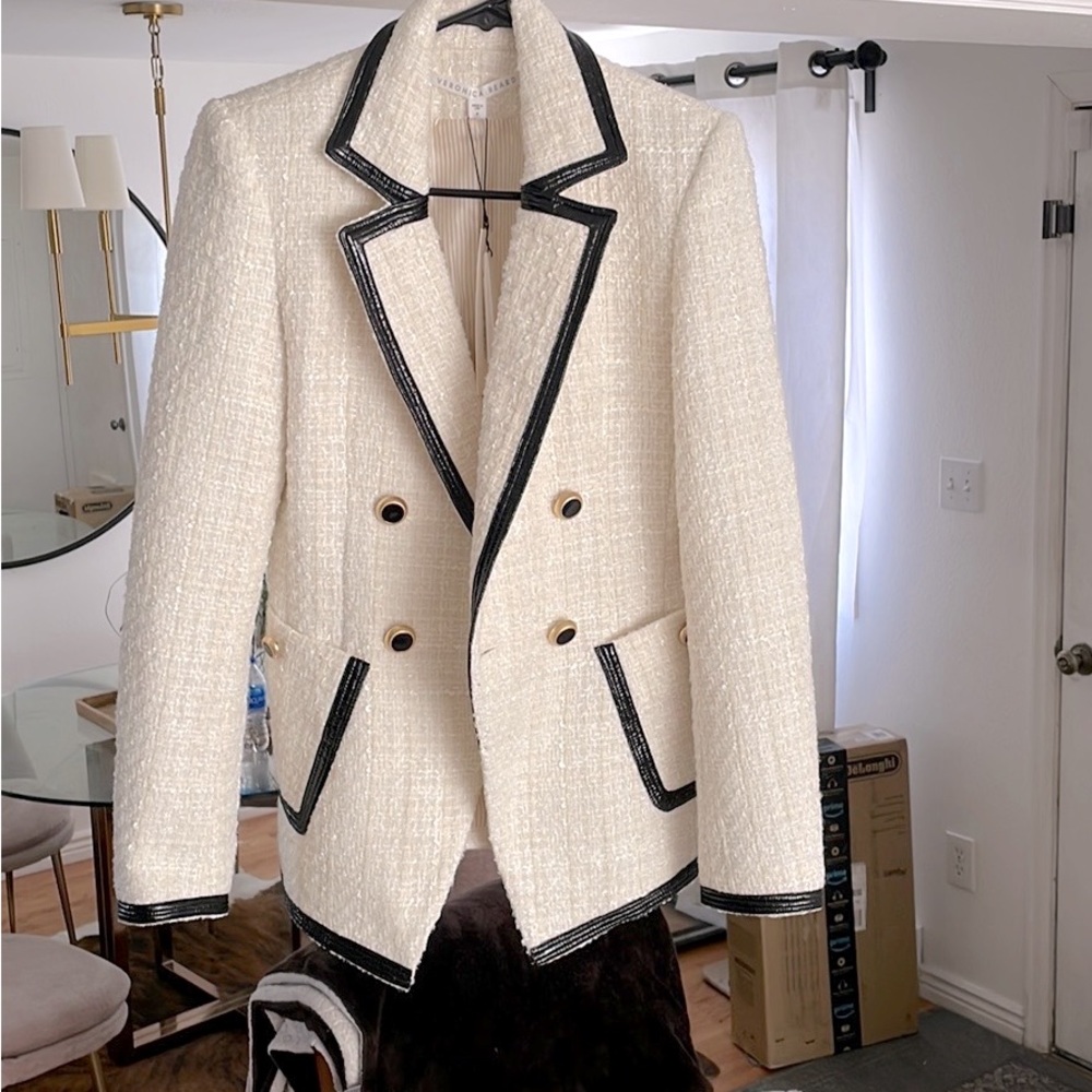 VERONICA BEARD Tweed Ivory Black Trim Cato Blazer Jacket 4
